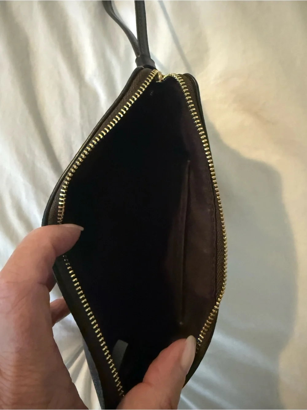 Coach Brown Signature Monogram Wristlet with Black Strap